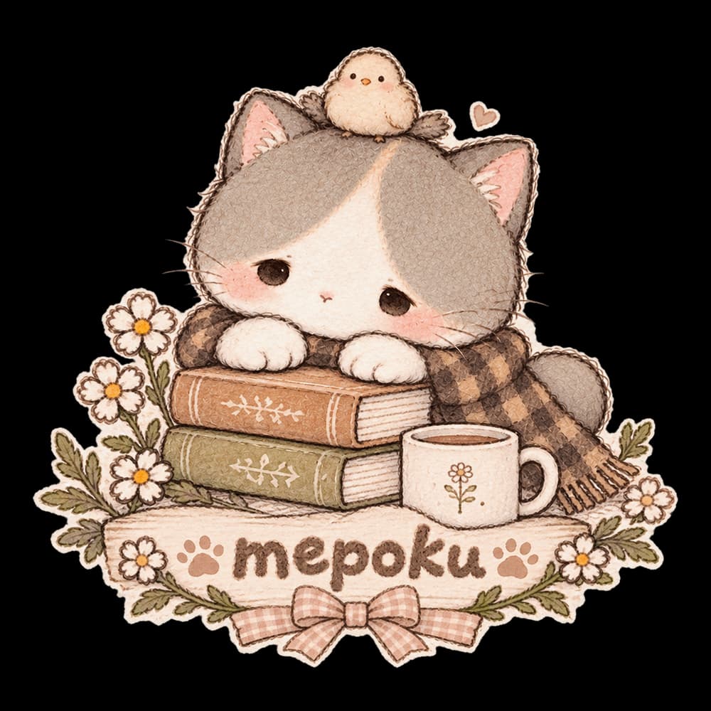 Kumo, the quiet companion, with the Mepoku banner